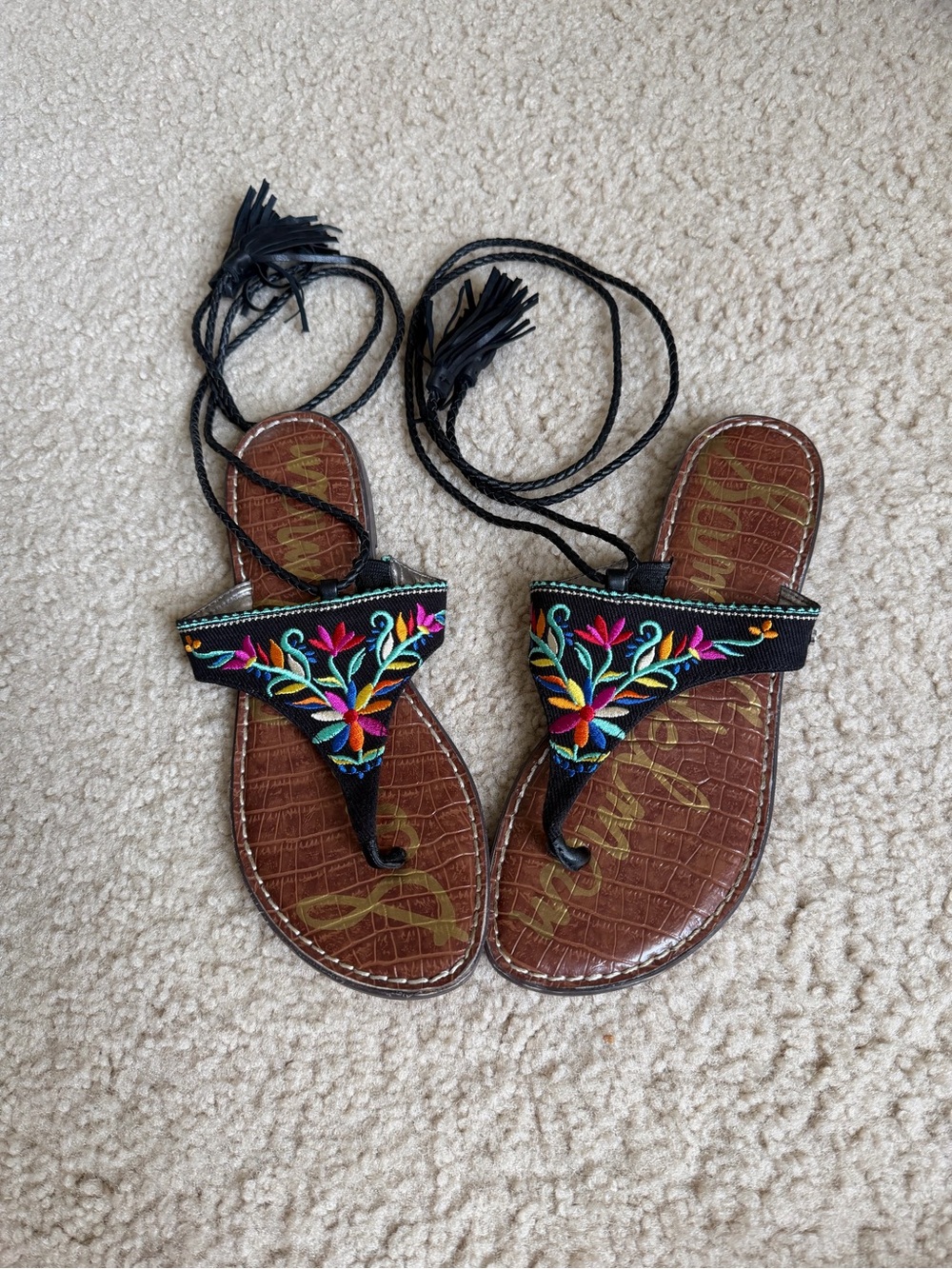 Sam Edelman Geri Embroidered Lace-Up Tassel Sandals 7.5 Black Multicolor